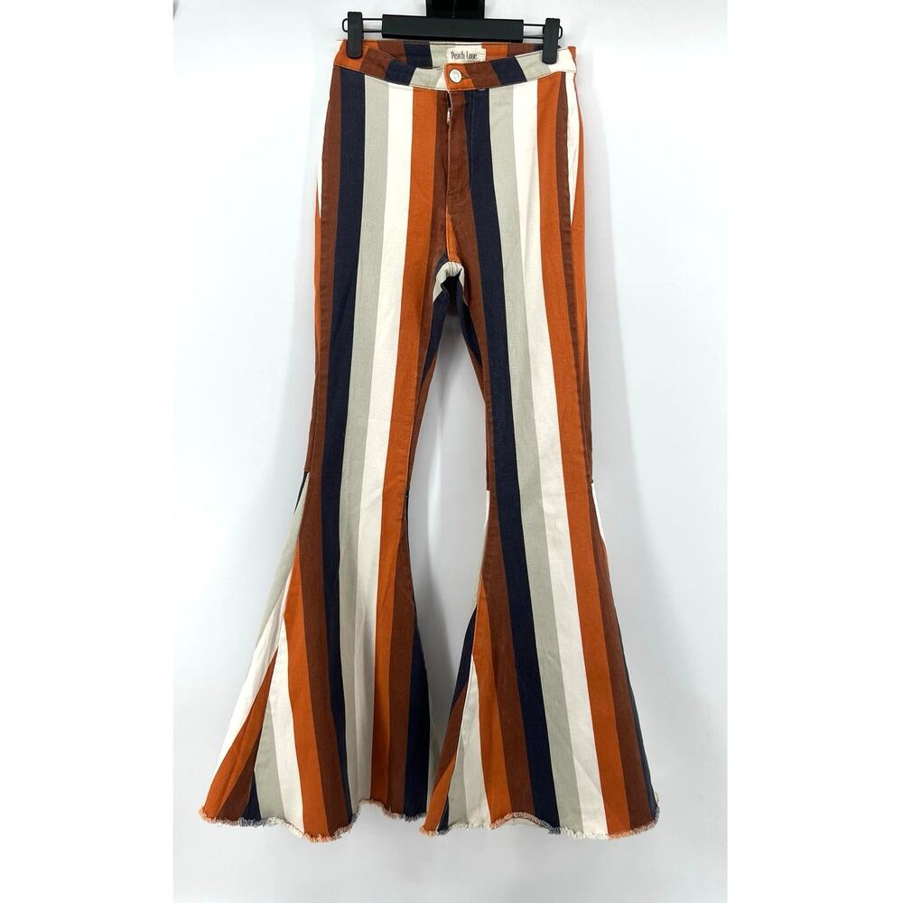 Peach Love California Retro Striped Flare Bell Bottom Pants Size S 70s Boho